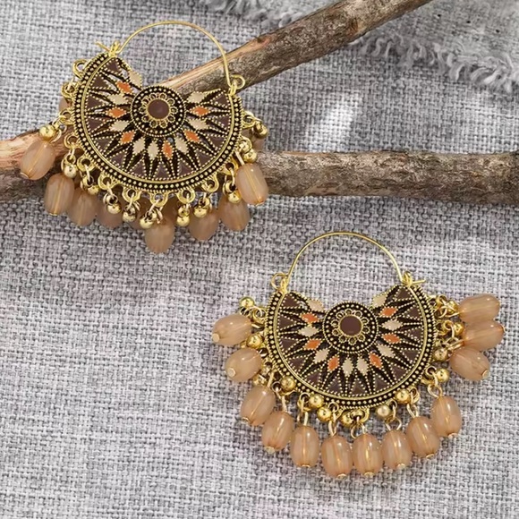 Ethnic Gypsy Taupe Gold Earrings - Picture 2 of 3